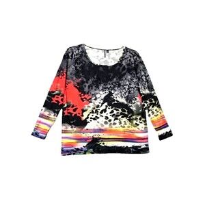 SNO SKINS Women's Colorful Print Pullover Top Sz Large Long Sleeves Tee